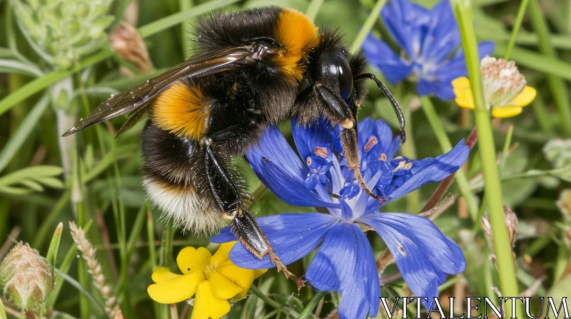 Close-up of Bumblebee on Blue Flower AI Image