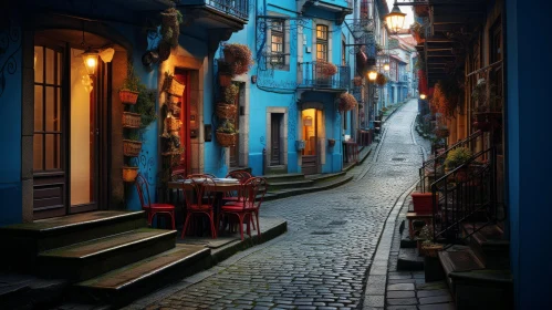Enchanting Blue Street in a Town - Romantic Fantasy Art