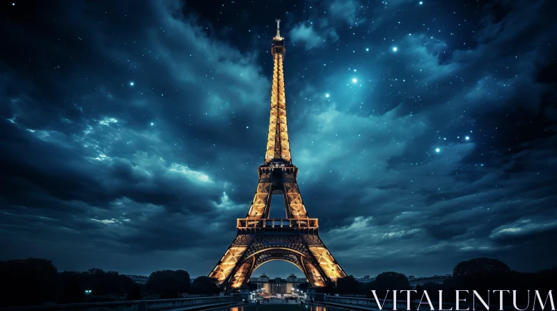 Ethereal Night: Enchanting Eiffel Tower under Starlit Sky AI Image