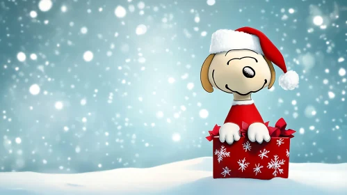 Festive Cartoon Dog Character in Snowy Scene