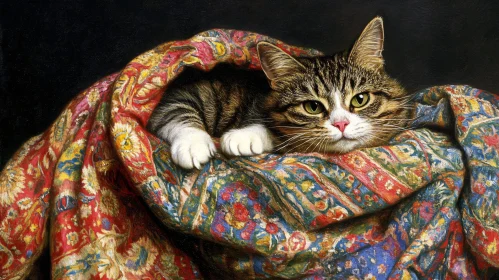 Tabby Cat Art Painting on Floral Blanket