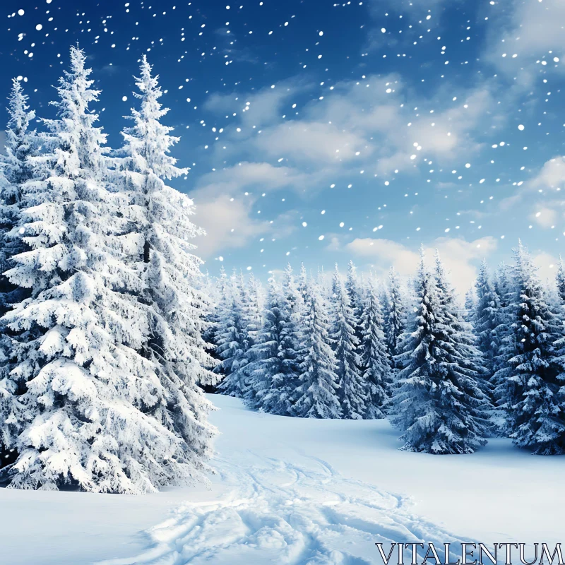 Snow-Covered Pine Trees in Winter Landscape AI Image