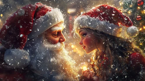 Santa Claus and Child in Magical Christmas Setting