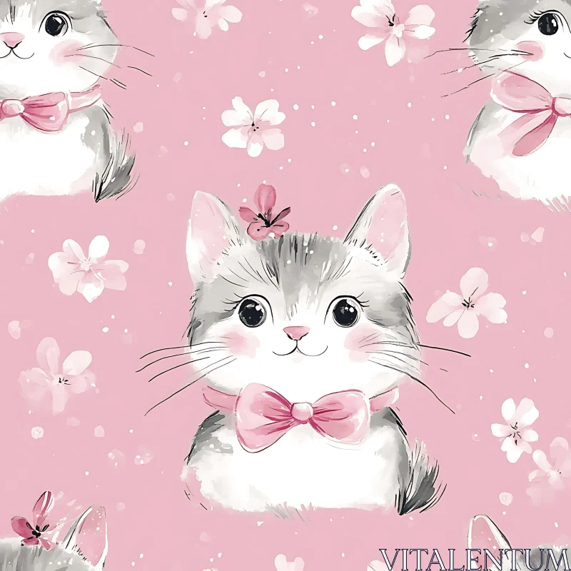 Cute Kitten Illustration with Flowers AI Image