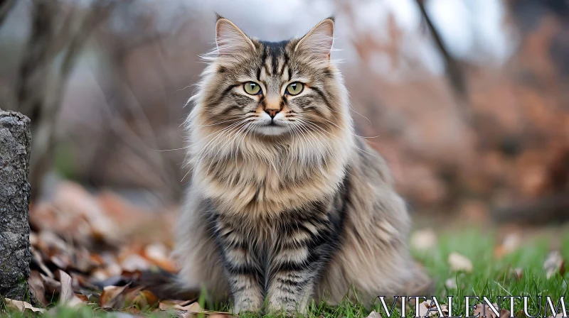 Portrait of a Long-Haired Cat in Nature AI Image