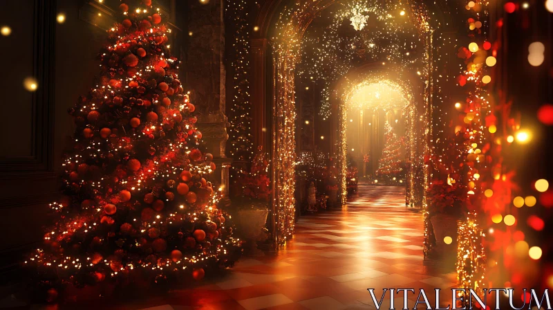 Festive Christmas Tree in Elegant Hallway AI Image