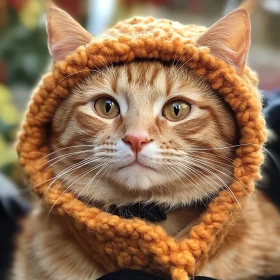 Cute Orange Cat in Woolen Hood