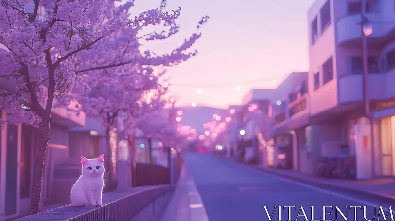 Peaceful Cat on Pastel Street at Dusk AI Image