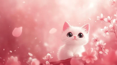 Cute Kitten in Pink Blossom Garden