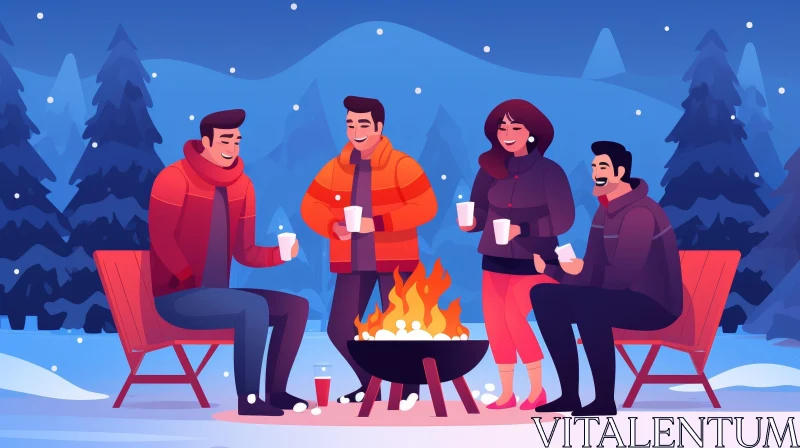 AI ART Winter Bonfire with Friends in Snowy Forest
