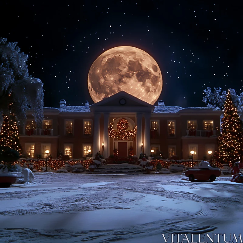 Festive Holiday Mansion with Full Moon AI Image