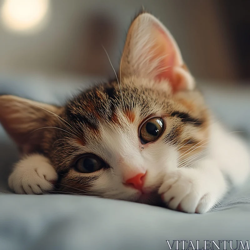 Cute Kitten Close-up on Bed AI Image