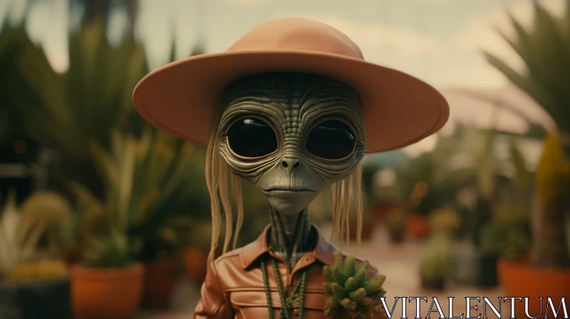 AI ART Alien in Brown Hat and Jacket Holding Plant in Garden