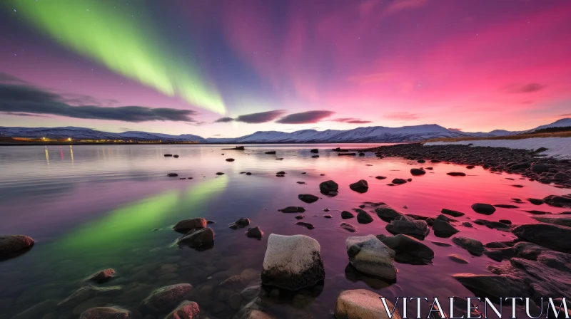 Aurora Over Lake and Rocks: Captivating Display of Nature's Beauty AI Image
