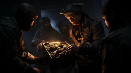 Captivating Image of Soldiers Holding Gold in Dark Chiaroscuro Lighting