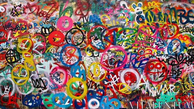 AI ART Colorful Graffiti-Covered Wall with Abstract Shapes and Rabbit