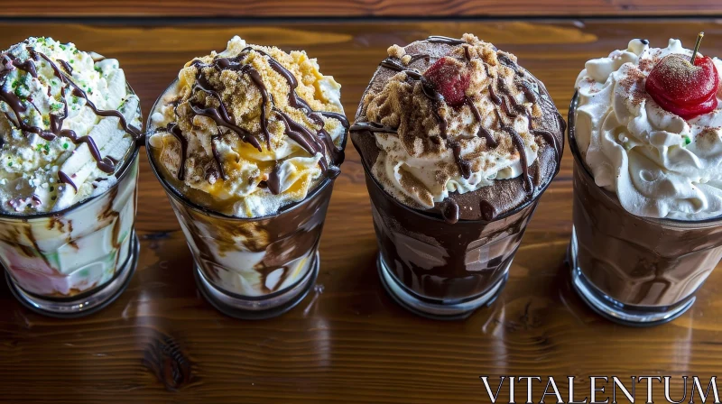 Delicious Milkshakes on Wooden Table | Whipped Cream & Chocolate Sauce AI Image