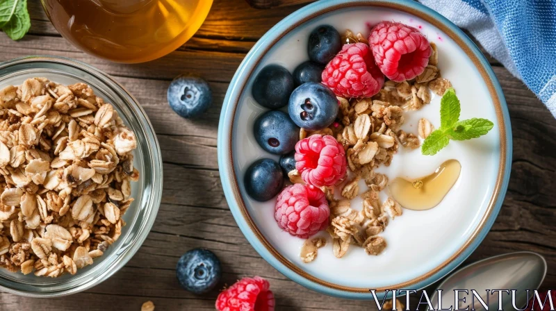 Delicious Yogurt Bowl with Granola and Berries on Wooden Table AI Image