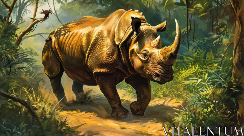 Digital Painting of Rhinoceros in Lush Green Jungle AI Image