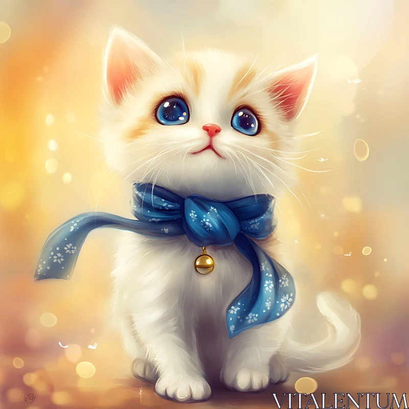 Charming Cat with Blue Scarf and Golden Bell AI Image