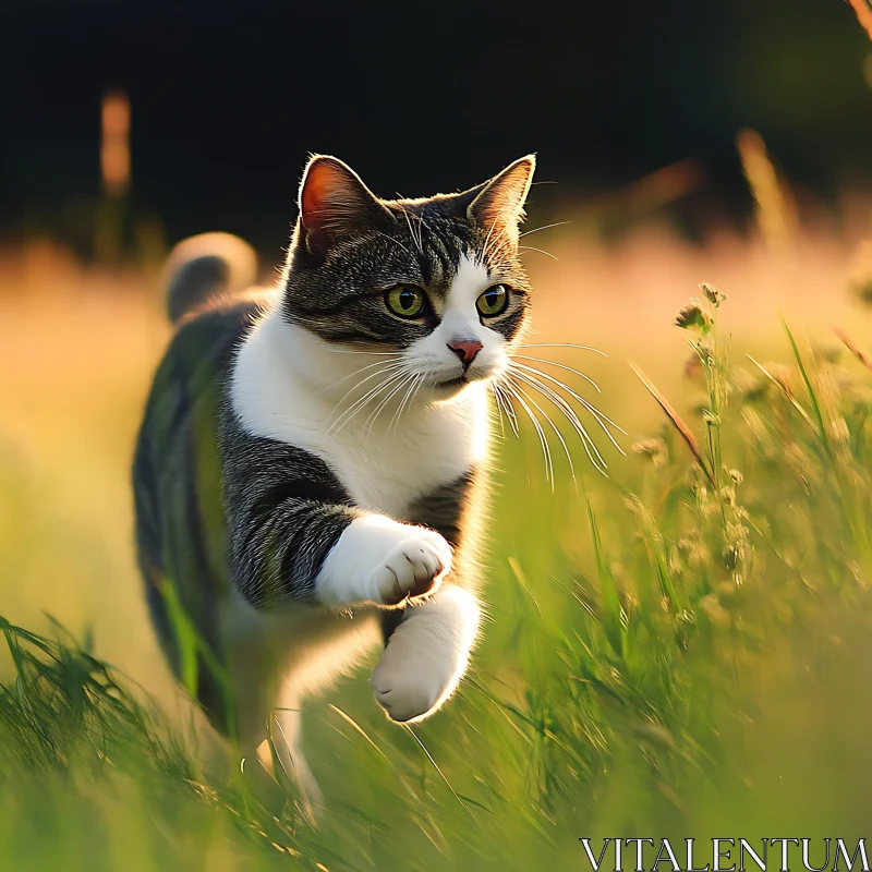 Graceful Cat in Sunlit Grassy Field AI Image