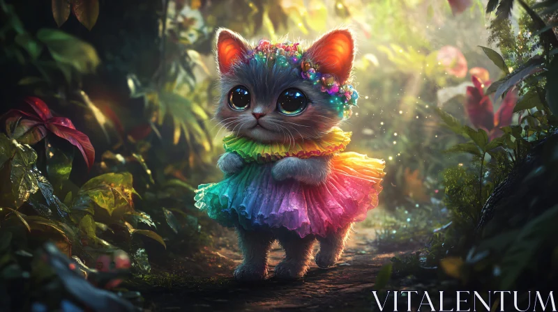 Colorful Cat in Magical Forest Setting AI Image