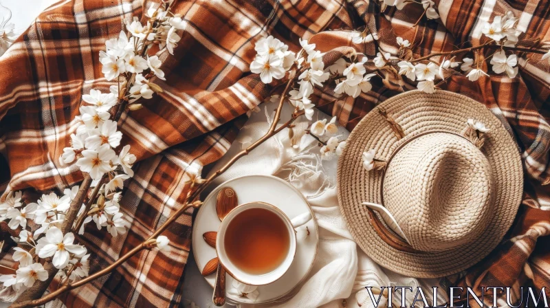 Elegant Still Life Composition with Plaid Blanket, White Shirt, and Straw Hat AI Image