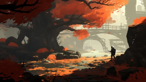 Enchanting Scene: Waterfall and Autumn Leaves in Spatial Concept Art Style