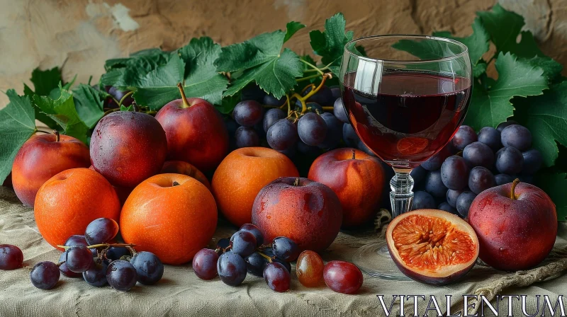 AI ART Exquisite Still Life: Glass of Red Wine and Assorted Fruits