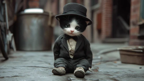 Black and White Cat Dressed in Vintage Attire