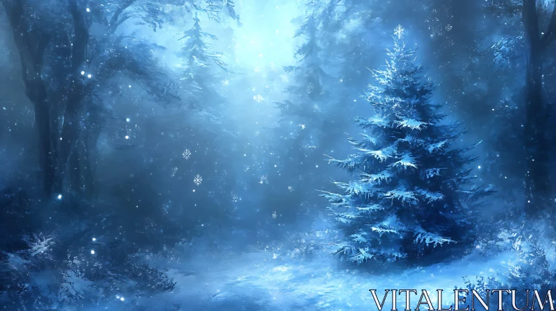 Tranquil Snowy Forest with Pine Tree AI Image