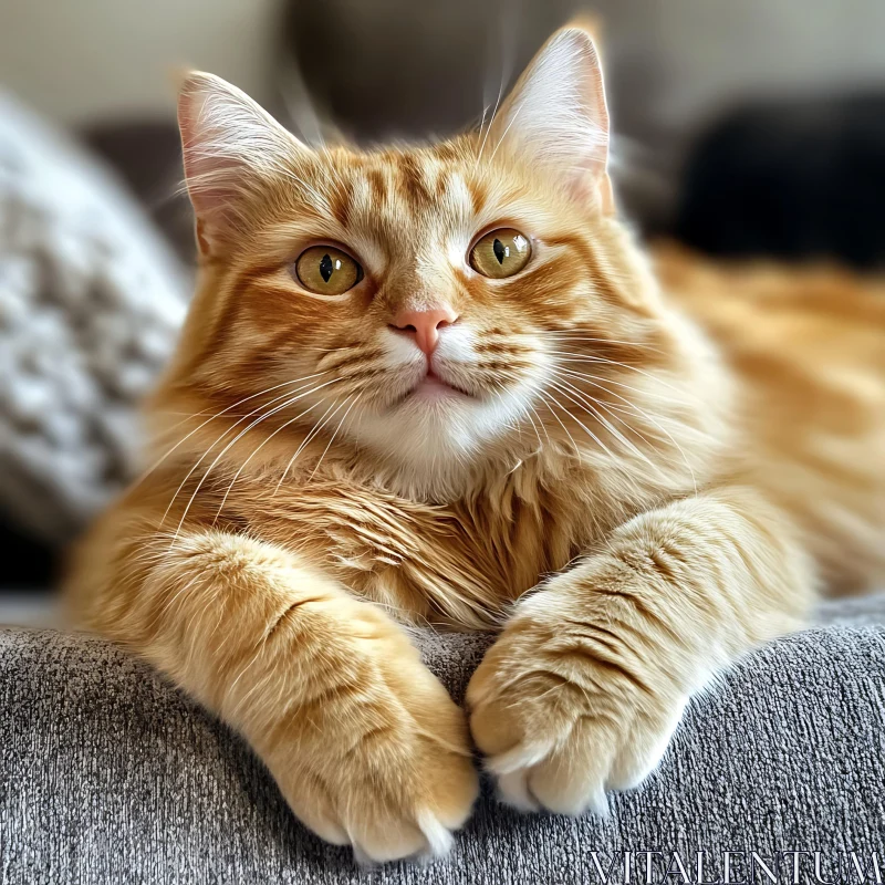 Ginger Cat Close-Up with Fluffy Coat and Amber Eyes AI Image