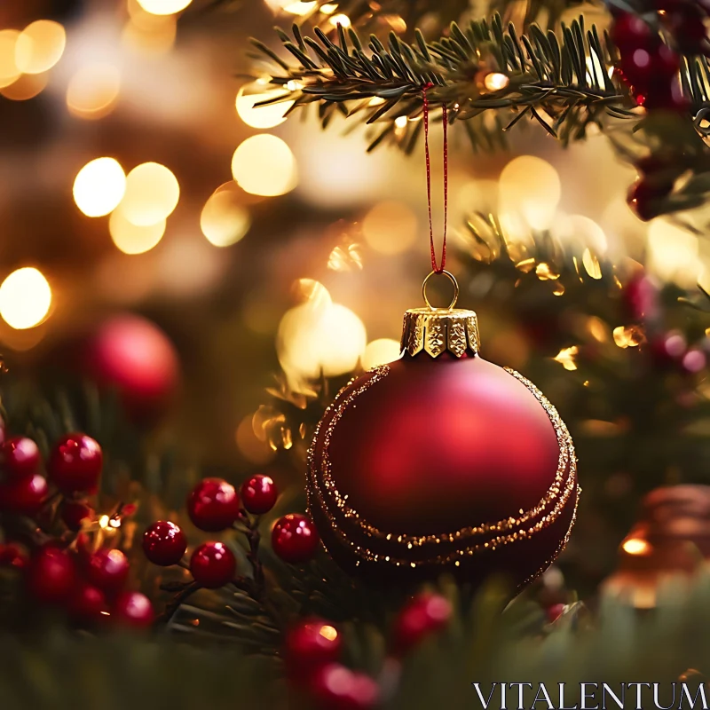 Festive Red Bauble Decoration on Christmas Tree AI Image