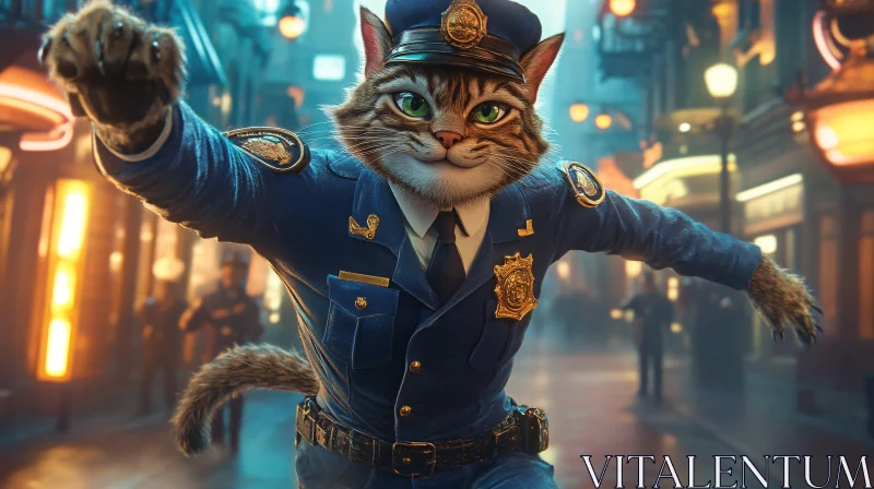 Cartoon Cat in Police Uniform in Urban Night Scene AI Image