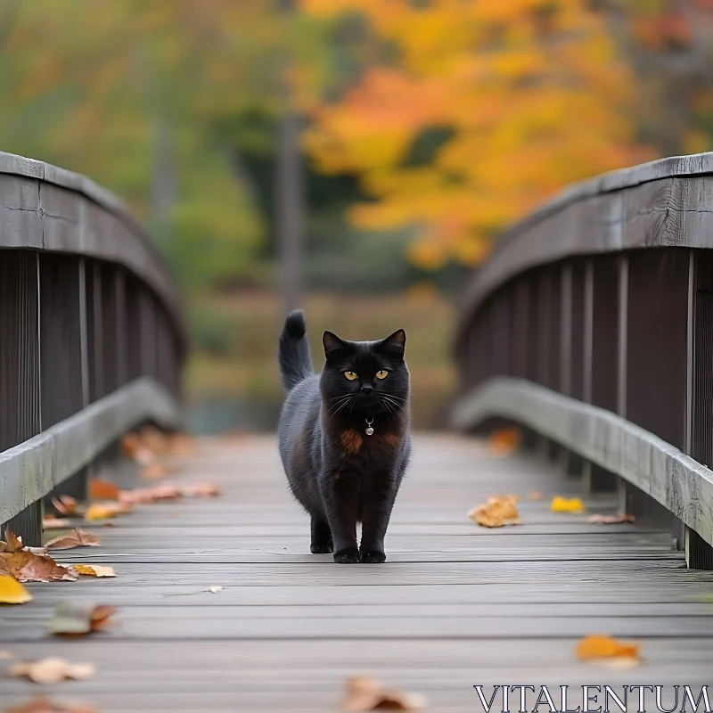 Autumn Bridge and Black Cat AI Image