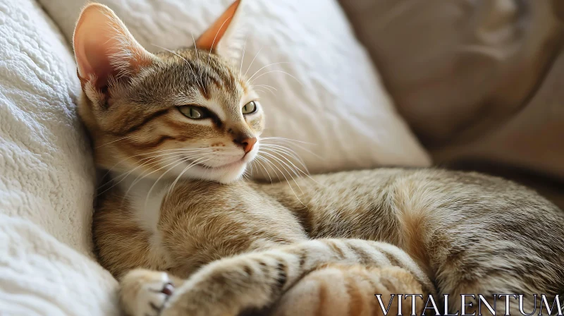 Relaxed Tabby Cat Lying on a Pillow AI Image