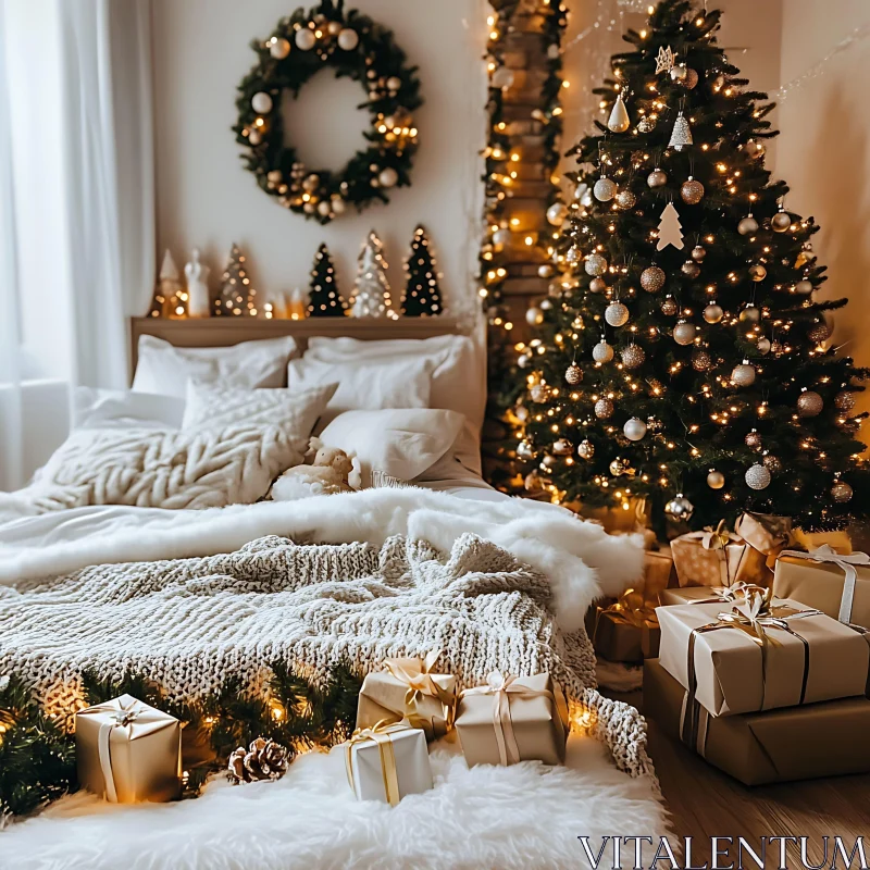 Festive Holiday Bedroom Setting with Christmas Tree and Presents AI Image