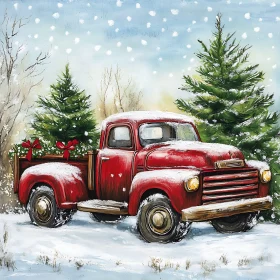 Festive Vintage Red Truck in Snow