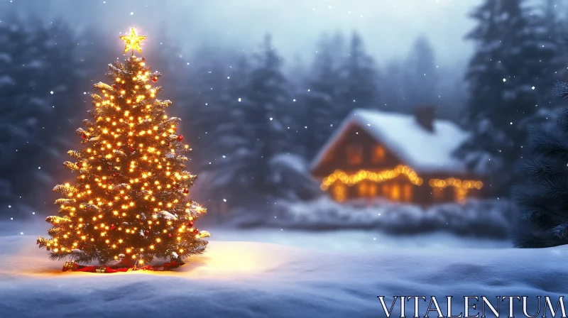 Christmas Tree Lights Up Snowy Winter Night AI Image