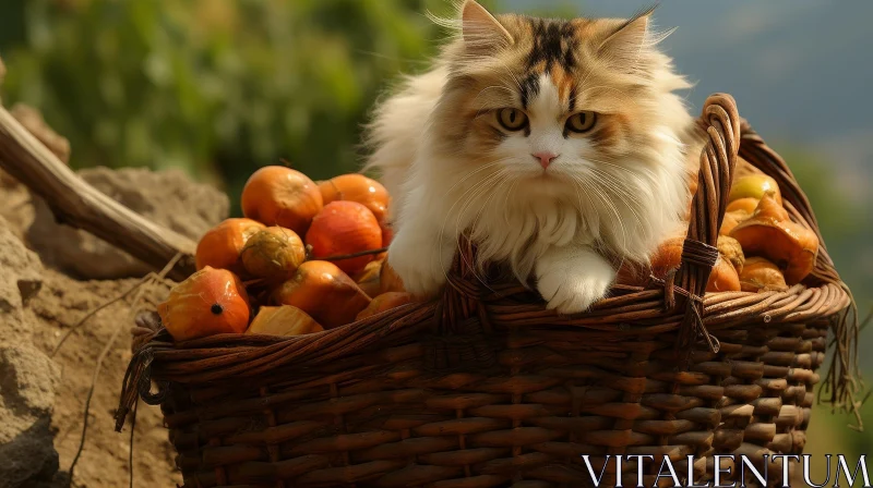 AI ART Fluffy Cat in Wicker Basket with Ripe Persimmons
