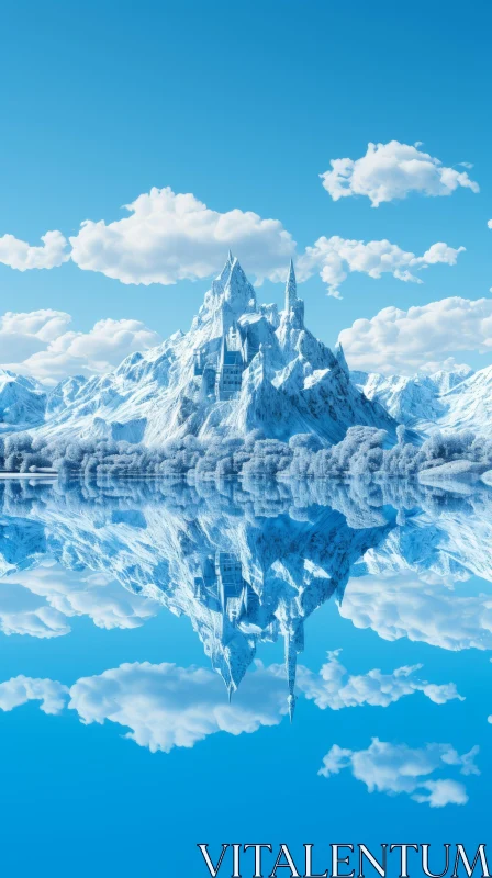 Icy Castle Reflections: Surrealistic Fantasy Landscape AI Image