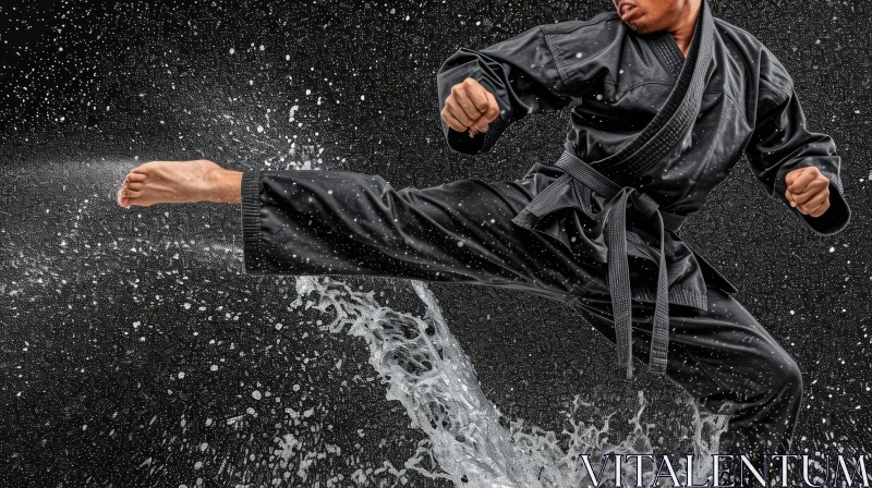 Powerful Karate Fighter Kicking Water Splash | Dark Gray and Black Artwork AI Image