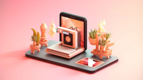 Retro Camera and Tropical Leaves 3D Illustration