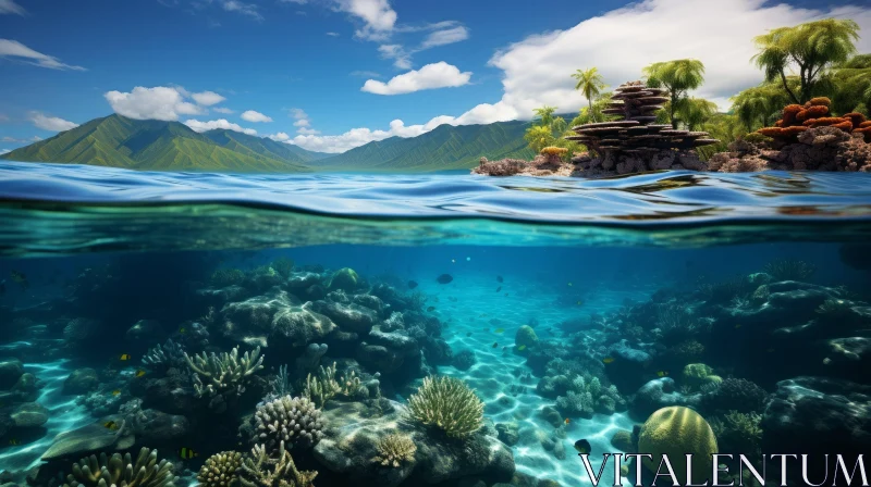Underwater Ocean with Palm Island and Coral Reefs | Topographical Realism AI Image