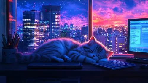 Peaceful Feline in a Luminous Urban Nightscape