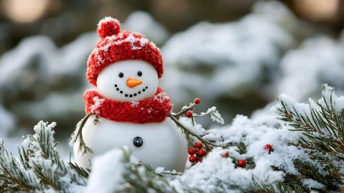 Smiling Snowman with Red Knit Hat and Scarf