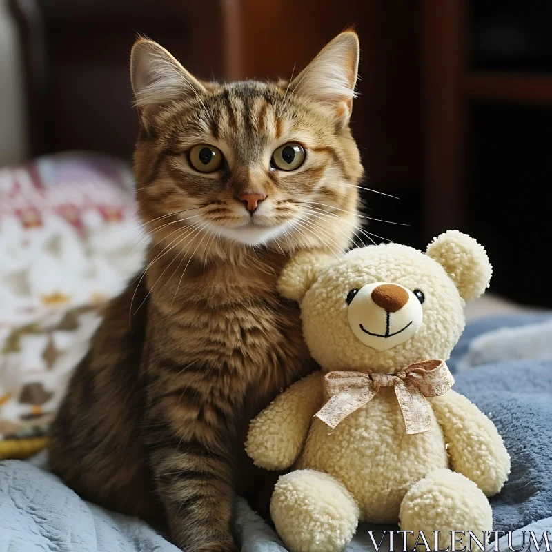 AI ART Curious Cat with Toy Bear on Bed