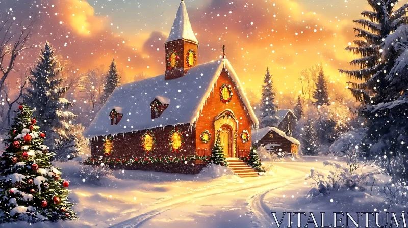 Festive Christmas Church in Snowy Evening AI Image