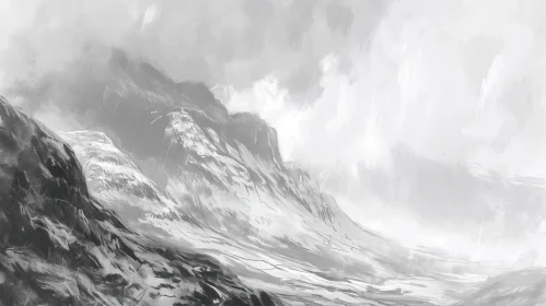 Beautiful Grayscale Landscape Painting with Snowy Mountains