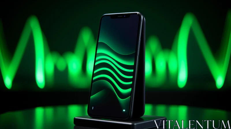 Black Smartphone with Green and Black Wave Pattern on Dark Green Background AI Image